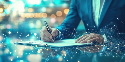 Defocused image of a business executive signing a digital document on a high-tech device, set against an abstract backdrop.
