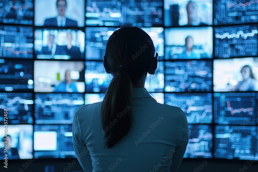 Poster tech-savvy professional analyzing data trends on multiple monitors in a modern workspace