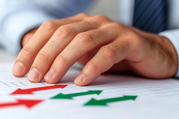 Obraz premium A business hand rests over a chart with red and green arrows, symbolizing market trends and financial analysis.