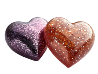 Two sparkling heart-shaped ornaments in purple and pink tones with glitter accents.