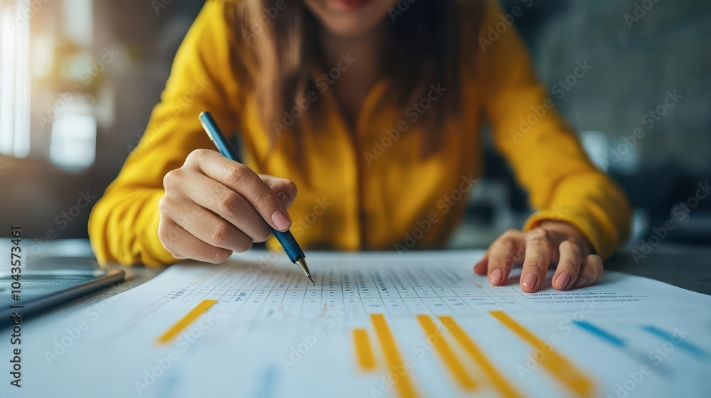Poster a person in a yellow sweater writes on a sheet of paper covered with graphs while seated at a desk.