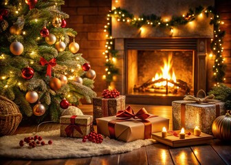 Cozy Christmas Scene with Warm Fireplace and Sparkling Decorations for Holiday Spirit
