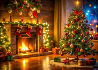 Cozy Christmas Tree by the Fireplace - Tilt-Shift Photography for Holiday Warmth and Cheer