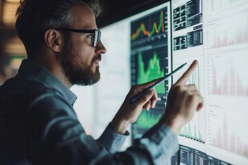 A focused professional analyzing data on a digital display, engaged in interpreting graphs and statistics.