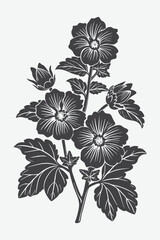 Hollyhock Branch with Flowers Silhouette Vector Illustration of a Beautiful Botanical Design in Black and White Art