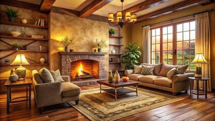 Fototapeta premium Cozy Home with Warm Fireplace Fire for Relaxation and Comfort