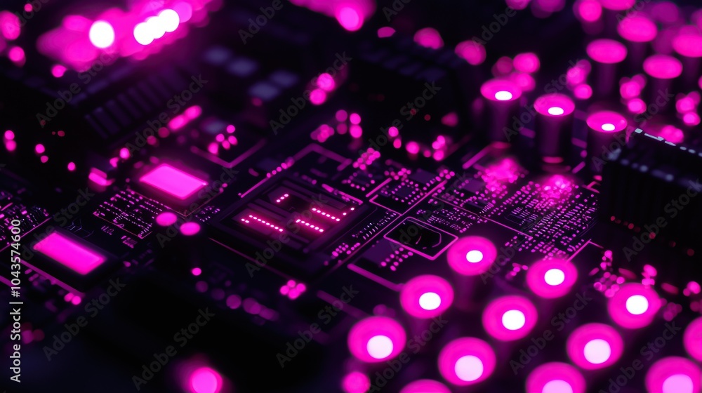 Poster close-up of tech computer circuit board with glowing pink lights