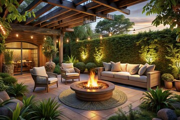 Fototapeta premium Cozy Outdoor Patio with Fire Pit and Warm Lighting for Evening Relaxation