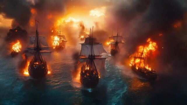 An ocean battle from the 16th century between sailing ships and galleons, in which pirate boats are fighting and burning due to gunfire from cannons.