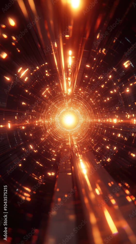 Poster an abstract representation of light tunnel with glowing particles and vibrant colors radiating from 