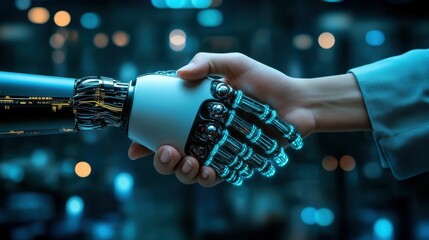 Person shaking hands, photo of a handshake between a human and a robot hand, an illustration of human and robot cooperation