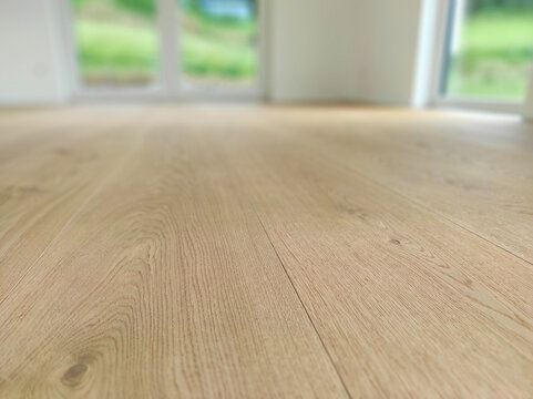 Heller Raum mit Holzfu&szlig;boden und Ausblick in die Natur