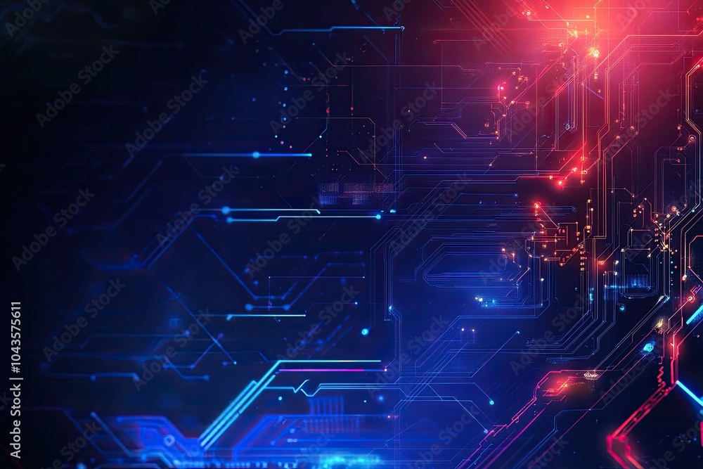 Poster futuristic digital background with blue and red neon lights and intricate circuitry patterns for tec