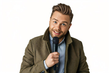 Naklejka premium Motivational speaker is speaking enthusiastically holding a microphone during a conference