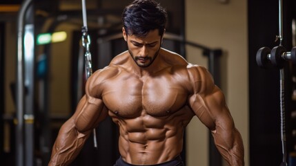 Fitness model with a flawless physique doing resistance training, showing a well-defined, perfect body.