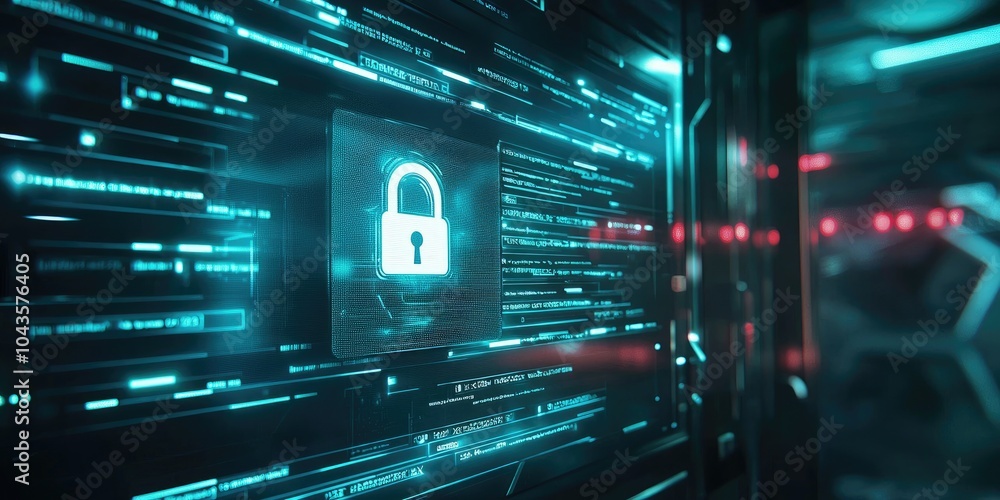 Poster A secure login screen displays an encrypted password with a digital padlock, representing cybersecurity, no people shown.