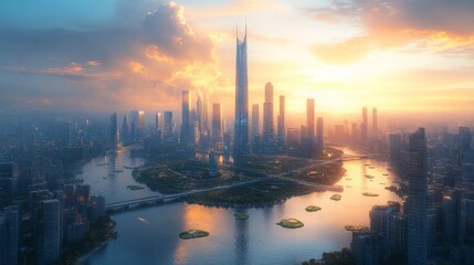 Naklejka premium As the sun sets, a stunning urban landscape unfolds with skyscrapers shimmering on the water's surface, capturing the beauty of city life.