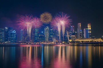 Colorful fireworks exploding over the city skyline at night, reflected in the water of marina bay