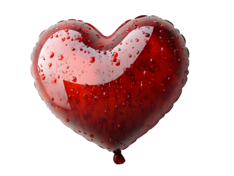Glossy red heart with water droplets symbolizing love and emotion.