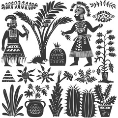 Naklejka premium Indigenous People and Flora in Black and White Stylization
