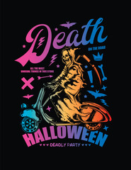 Death on a Scooter. Halloween Poster. Original vector illustration in vintage style. T-shirt design.