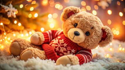Cuddly Caramel Teddy Bear in a Coral Christmas Sweater with Snowflakes