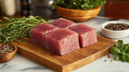 Fresh tuna fillets on a butchers block, surrounded by herbs and seasoning.