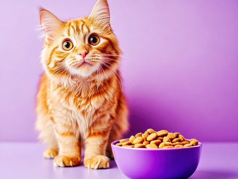 Cute ginger kitten sitting near bowl full of dry food on purple background
