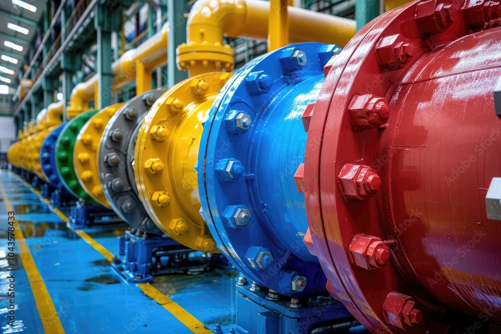 Poster industrial pipes with color-coded flanges in a factory setting
