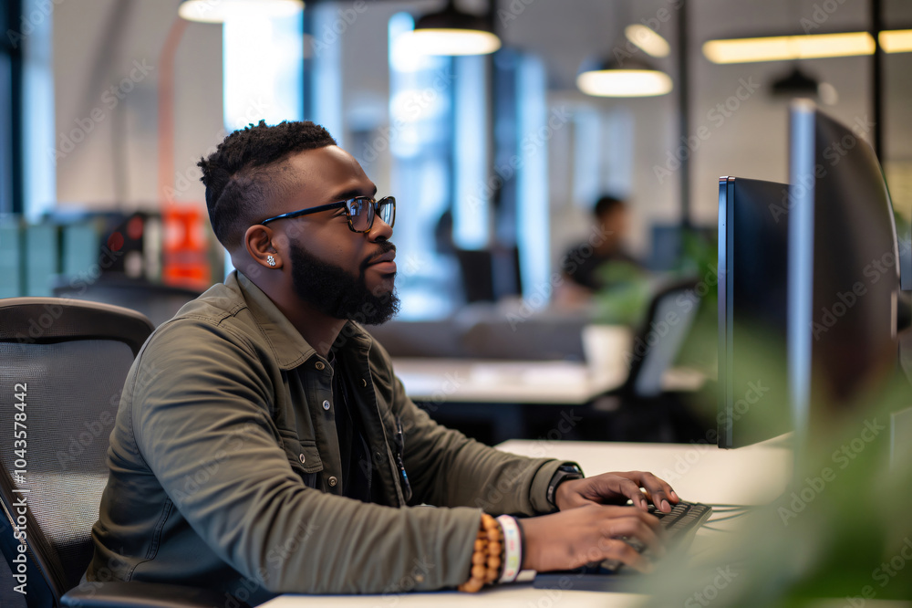 Aufkleber young black male developer is concentrating while typing on a computer keyboard at his desk in a bus