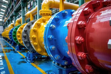 Industrial Pipes with Color-Coded Flanges in a Factory Setting