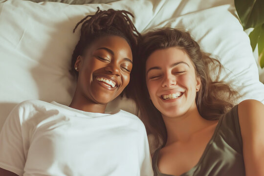 Two diverse young adult women enjoying time together. Cheerful lesbian couple having fun while lying in bed.
