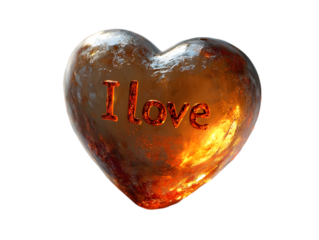Glowing fiery heart with 'I love' inscription, symbolizing deep passion and affection.