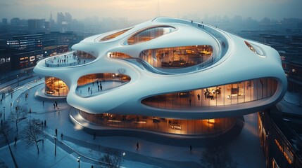 Obraz premium An innovative building with fluid design welcomes visitors in a bustling city environment as the sun sets, highlighting its unique structure and inviting atmosphere.