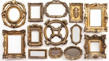 Assorted vintage gilded frames, each with unique details, isolated on a clean white background