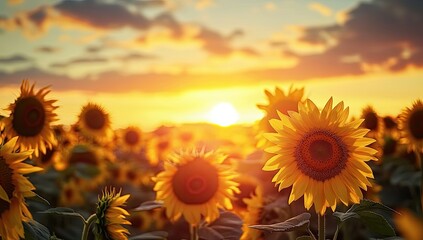 Fototapeta premium A vibrant sunflower field basking in the golden glow of sunset, with tall and wide blooms reaching towards the sky