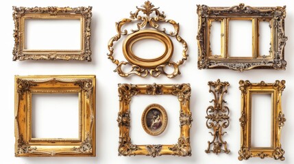 Assorted vintage gilded frames, each with unique details, isolated on a clean white background