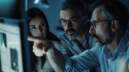 People gathered in front of a computer screen in the office