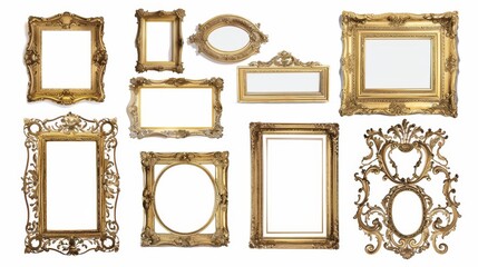 Assorted vintage gilded frames, each with unique details, isolated on a clean white background