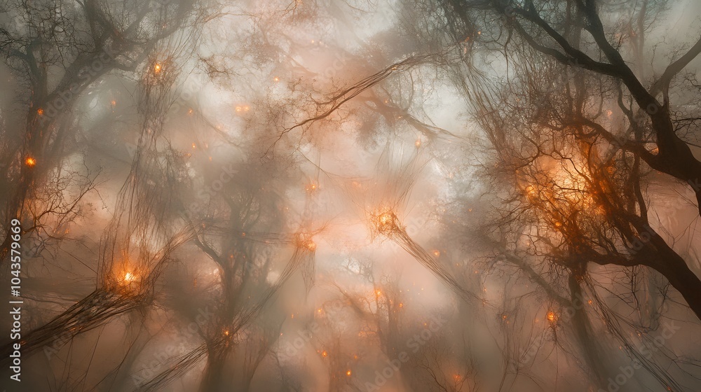 Poster a mystical, glowing geometric network representing ai models in a foggy, ethereal tone, abstract and