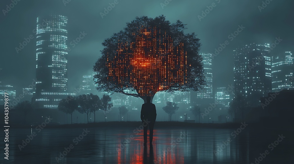 Poster surreal digital realm with floating elements and light