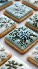 Fototapeta premium Square blue sugar cookies decorated with floral royal icing for christmas