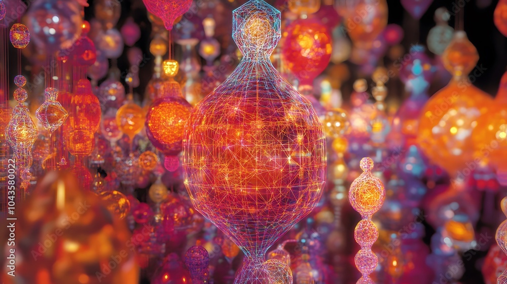 Poster A dramatic, neon-lit web of interconnected shapes, visualizing the high-stakes world of machine learning and AI decision-making, 4K resolution