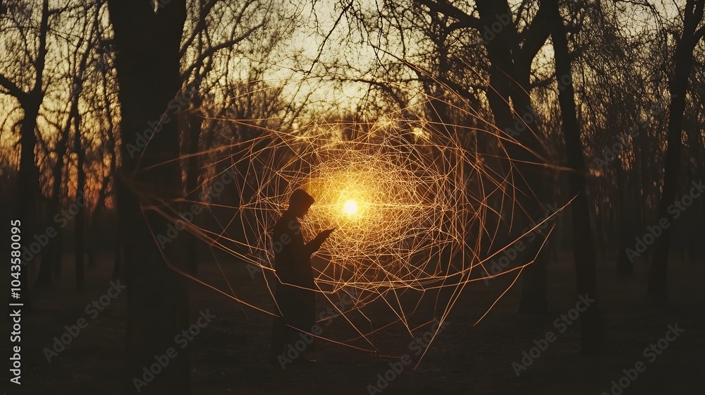 Poster A dark, intense web of glowing shapes symbolizing the hidden layers of AI's deep learning models, futuristic and mysterious, 4K resolution