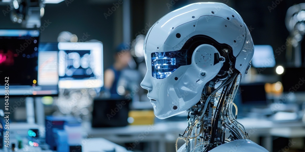 Leinwandbilder A high-tech cybernetics workshop with robotic enhancements where scientists test advanced functionalities.
