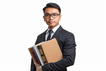 Confident lawyer holding legal documents in sharp suit, working in office, providing advice to clients. White background symbolizes legal system integrity