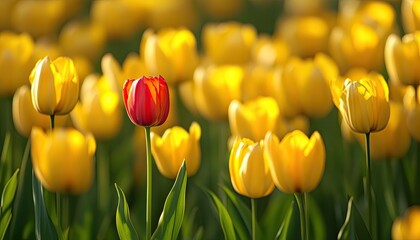 Obraz premium A vibrant field of yellow tulips, with one red flower standing out in the middle, symbolizing individuality and self-expression