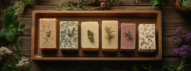 Natural handmade soap bars with herbs and flowers on wooden background