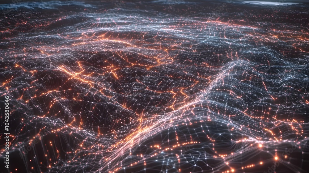 Poster A peaceful, softly glowing network of interconnected shapes symbolizing the fluidity of AI models learning from data, calming and abstract, 4K resolution