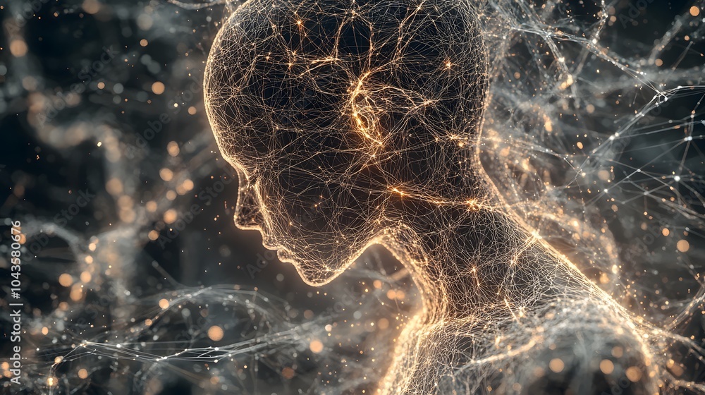 Poster A peaceful, softly glowing network of interconnected shapes symbolizing the fluidity of AI models learning from data, calming and abstract, 4K resolution